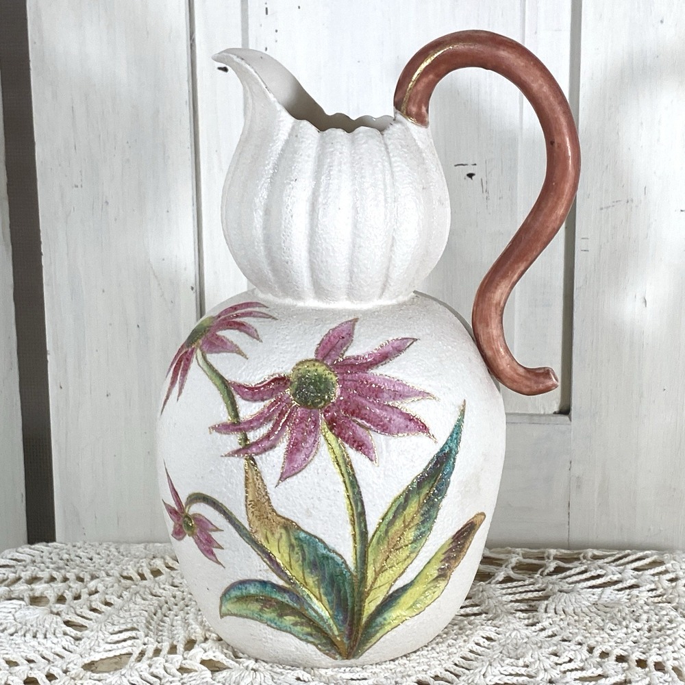Antique Rudolstadt Strauss Floral Hand Sculptured Pitcher Decorative Pottery